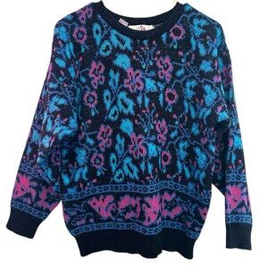 Vintage 80’s GB Floral Knit Sweater - Black and Blue Size Small